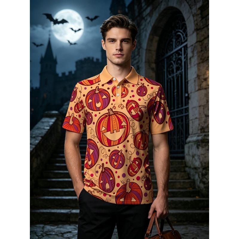 Men's Short Sleeve Polo Shirt Funny Whimsical Cartoon Duck Witch Hat Ghost Pumpkin Print Halloween Top for Party and Casual Wear