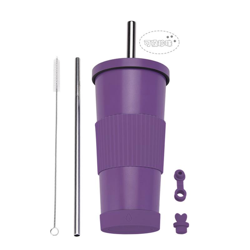710Ml Bubble Tea Cup Non-Slip Double-Layer Stainless Steel Straw Cup Multi-Color Straw Thermal Insulation Water Cup