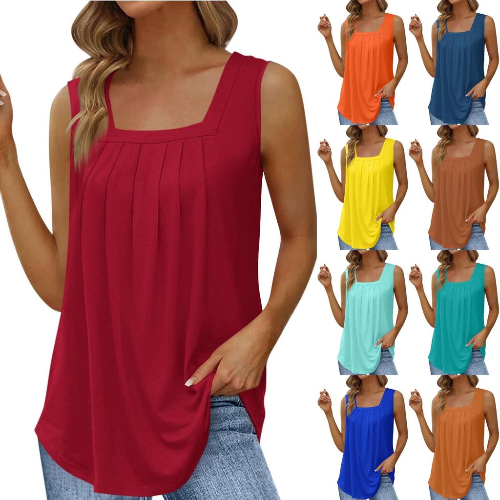 Women's Summer Fashion Casual Sleeveless Square Neck Solid Color Tank Top