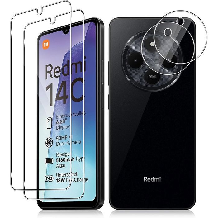 2 Verres Trempés + 2 Protection Caméra pour Xiaomi Redmi 14C - E.F.Connection®