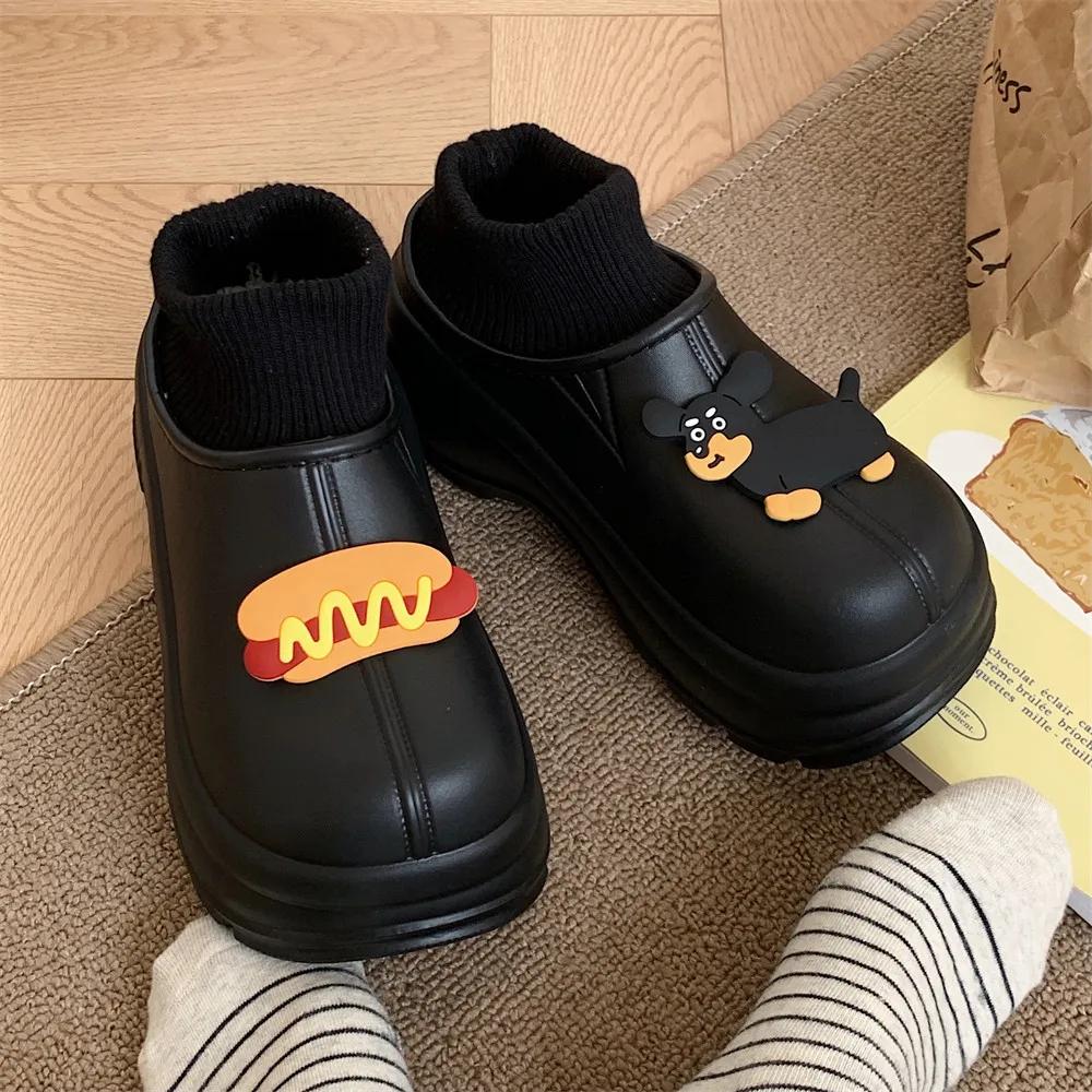 

Осенние и зимние модные водонепроницаемые зимние ботинки для женщин с милым рисунком щенка из мультфильма, толстая подошва, усиленная подкладка, теплые хлопковые ботинки 36-37 чёрный