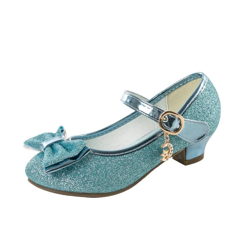 Sequins Girl Leather Shoes Spring Autumn Versatile Children Catwalk Princess Shoes Fashion Wedding Party Kids Bowknot High Heels