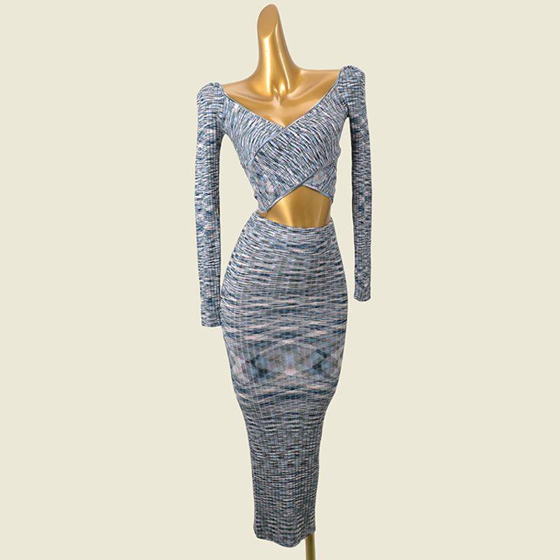 Cross V-neck Hip Knitwear One-Step Skirt Midriff-Baring Top