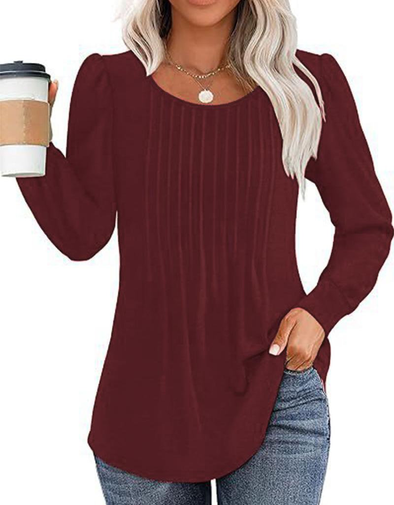 Women Long Sleeve Ribbed Knit Top Crew Neck Puff Shoulder Casual Loose Fall Blouse Shirt