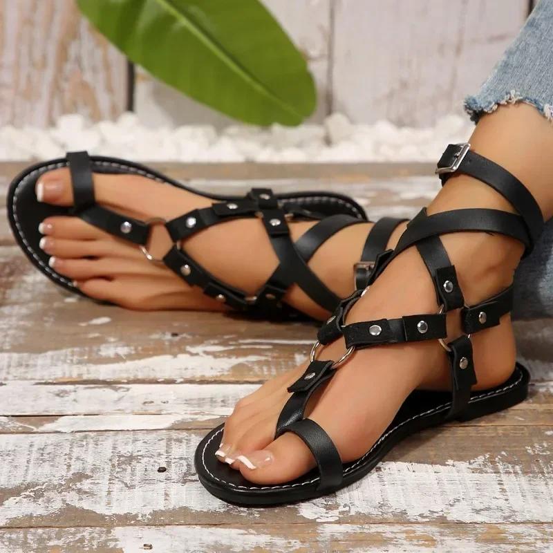 Fashion Rome Women Shoes 2025 Summer Women's Sandals Retro Ankle Buckle Rivet Flat Sandals British Style Plus Size 36-43 Ladies Shoes
