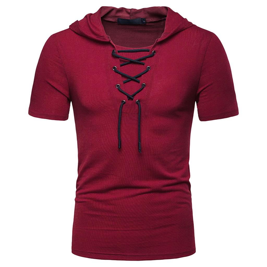 Summer Fashion Men's Casual Loose Hooded Binding Short Sleeve Top Blouse