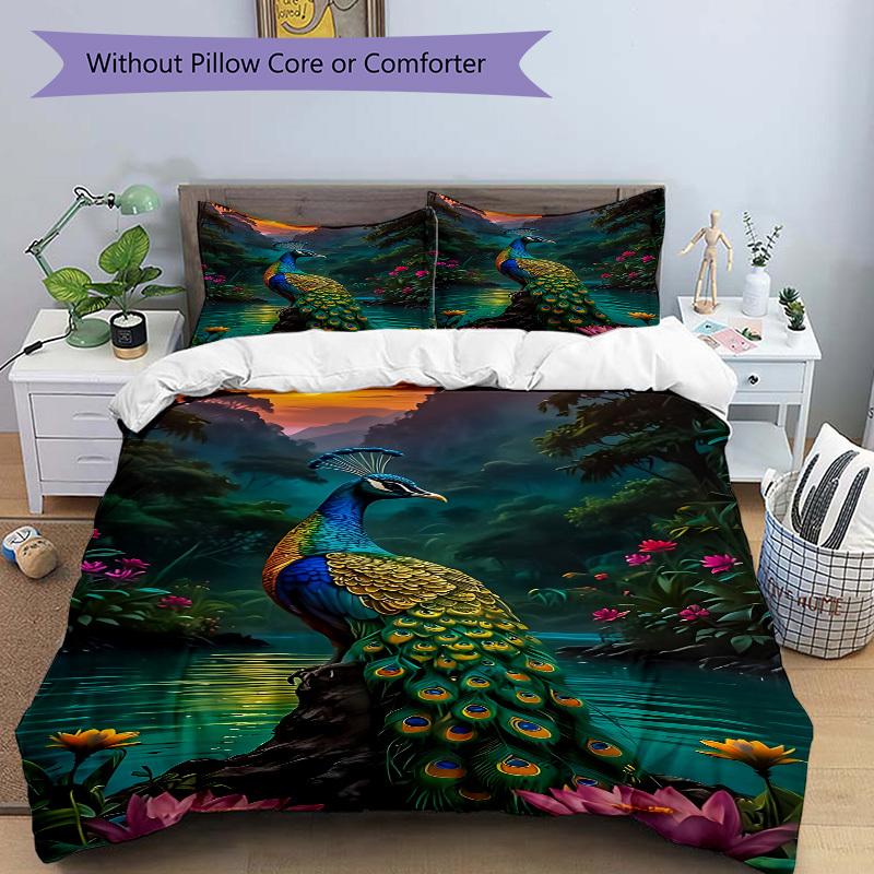 3pcs Peacock Nature Scene Duvet Cover Set - Machine Washable, Includes 1 Cover and 2 Pillowcases, No Core Included yy251013129