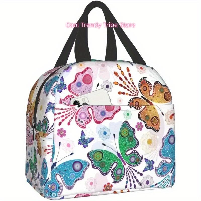 Insulated Lunch Box with Floral & Butterfly Design - Reusable Thermal Tote Bag for Women & Girls, Durable Oxford Fabric, Hand Wa