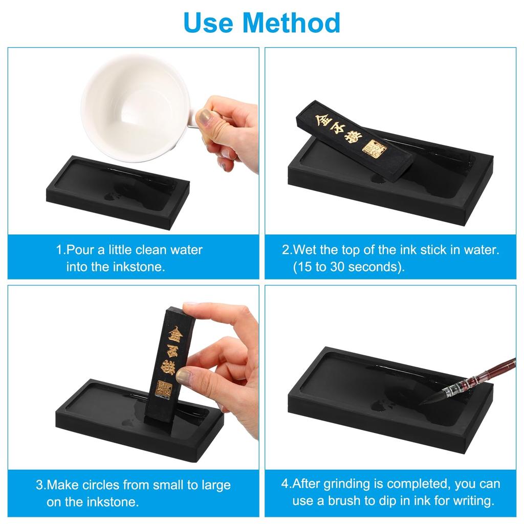 PATIKIL Chinese Inkstone and Ink Stick Traditional Calligraphy Rectangular Inkstone Black 4" Set, Practice, Painting, Drawing, Stand,