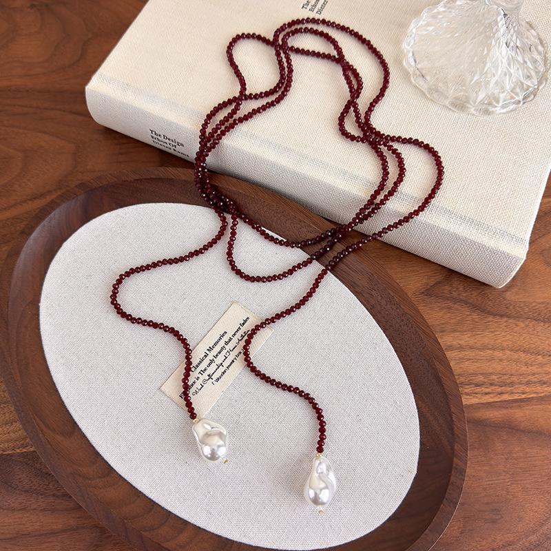 Women s Baroque Irregular Pearl And Black Crystal Long Necklace Adjustable Sweater Chain 73cm