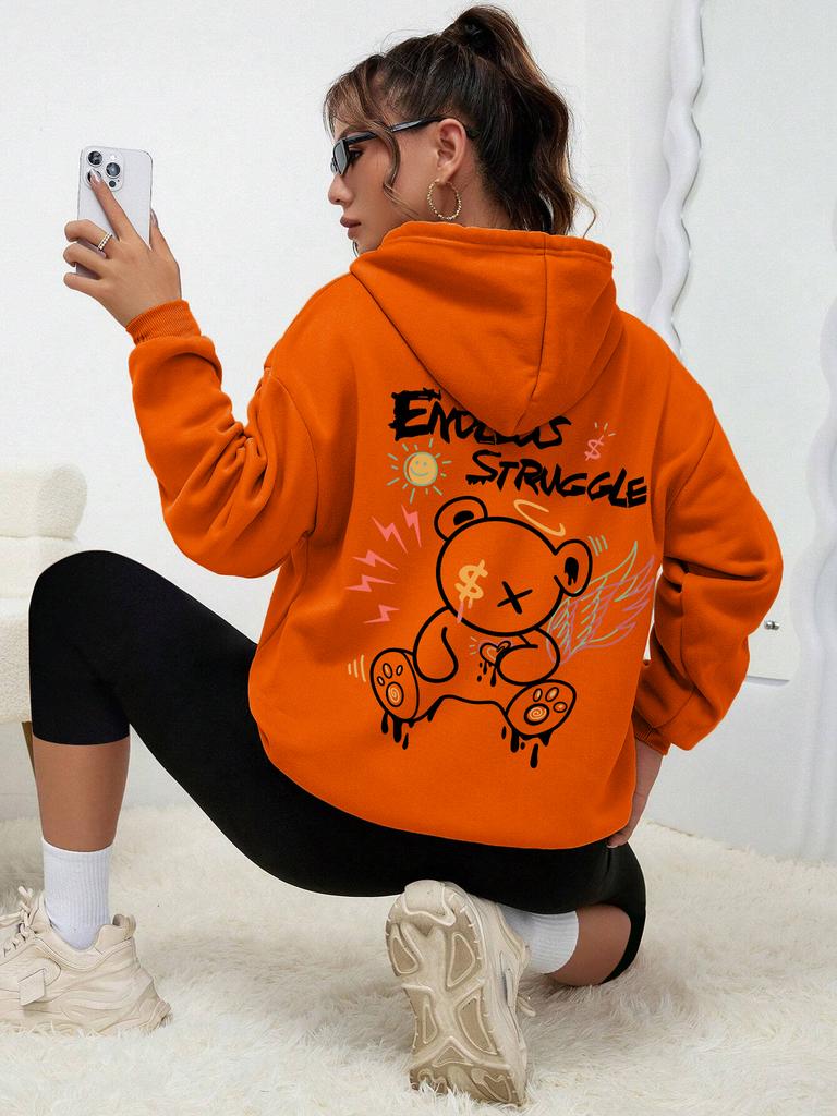 Graffiti Little Bear With Wings Print Hoodies Women Autumn Casual Hoodie Street Fashion Hoody Autumn Warm Fleece Pullover Female