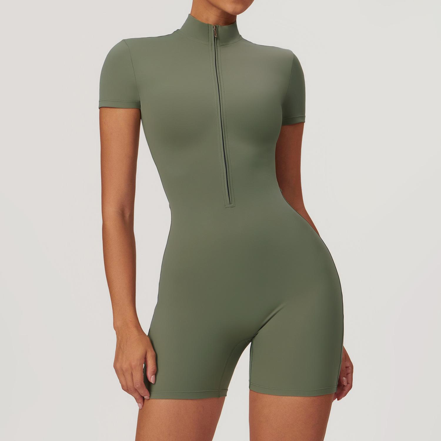 

Summer Zipper Short Sleeved Yoga Jumpsuit For Women, Dance And Fitness, Tight Fitting Sports Jumpsuit S армія зелений колір