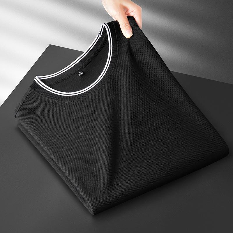 Men s Light Luxury Ribbed Patchwork Short-Sleeve T-Shirt, Trendy Summer Casual Round Neck 2XL чёрный