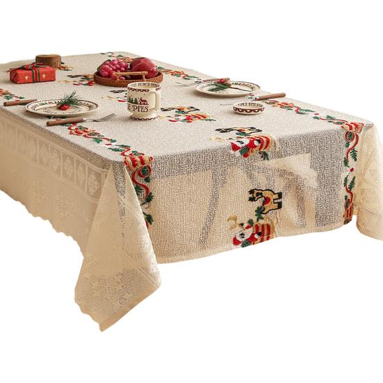 Christmas Lace Tablecloth Embroidered Santa Claus Xmas Bell Table Cloth Festive Dining Table Cover for Holiday Home Dinner Party Decor