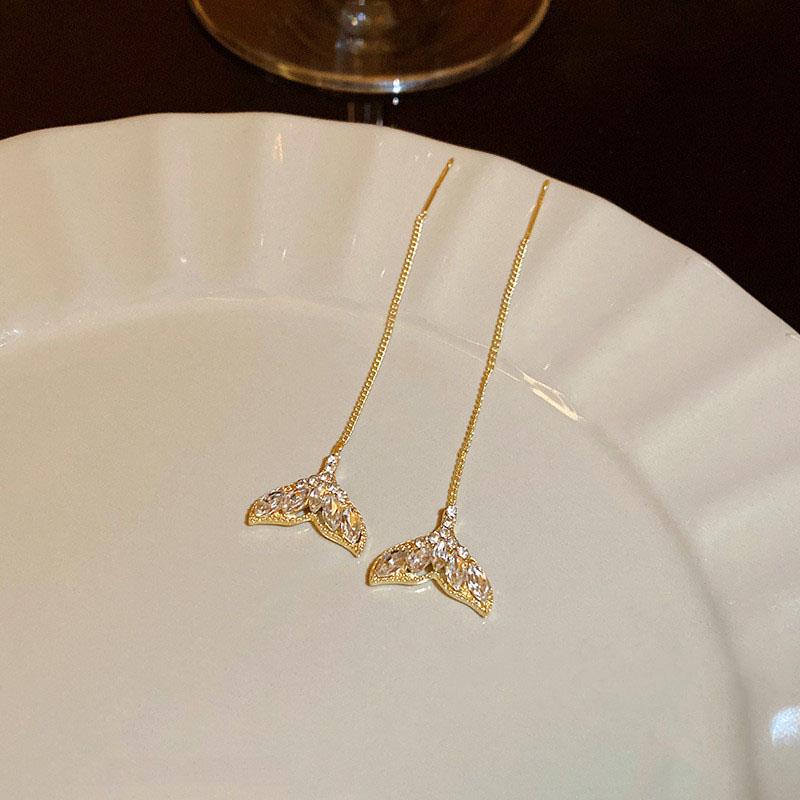 Fashion Long Tassel Ear Line Earrings For Women Korean Temperament Crystal Fish Tail Drop Earrings Girls Daily Party Jewelry