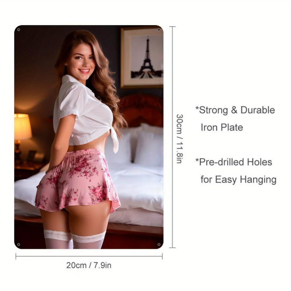 1pc 2d Vintage Metal Wall Art Retro Sign Pink Dress Design Heat Resistant Easy Install