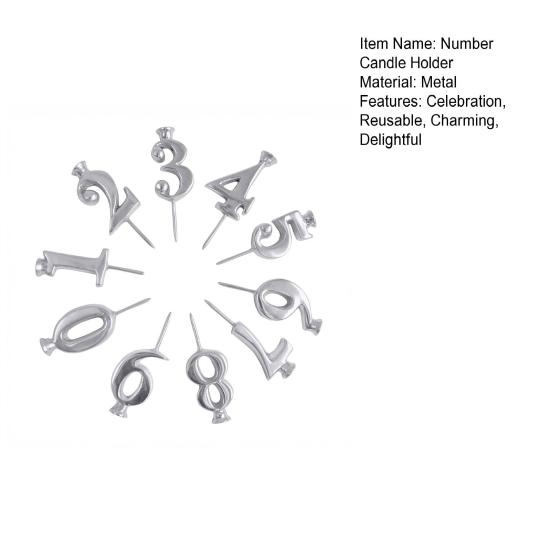 10 stycken Återanvändbar Siffra Födelsedagsljus Hållare Set 0-9 Numrerade Tårtdekorationer Metall Silver Digital Ljus Hållare för Födelsedagstårtor Jubileum