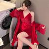 Golden Velvet Pajamas Two-Piece Female Autumn Winter Long-Sleeved Robe Set Sexy Lace Sling Pajamas Nightgowns Homewear