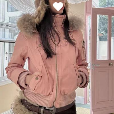 Tangtang~ American Retro Fur Collar Hooded Thickened Jacket New Slim-Fit Design Autumn And Winter Padded Cotton