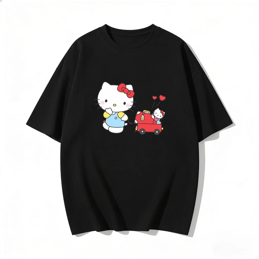 2026 Summer Hello Kitty Cartoon Printed Short Sleeve Pure Cotton Tshirt Womens Family Matching Outfits Classic Fashion Tee Top