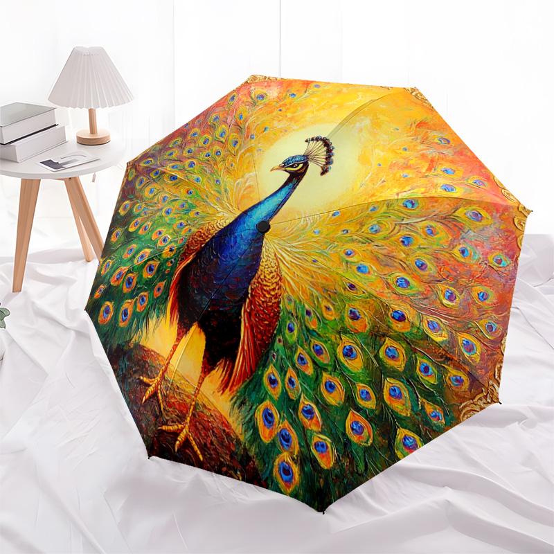1 PC Automatic Folding Umbrella - Peacock Pattern, Portable & Foldable Design with 8 Ribs, Christmas Birthday Gifts