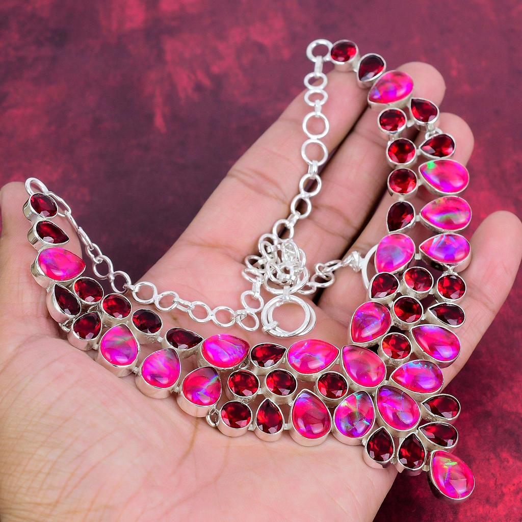 Pink Triplet Opal, Garnet Necklace, 925 Solid Sterling Silver Gemstone Jewelry, Handmade Necklace, For Thanksgiving