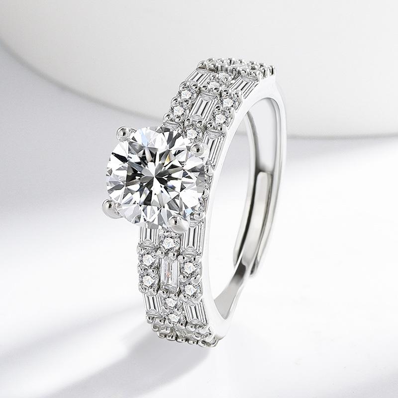 

2026 Full Diamond Two Carat Plated 925 Sterling Silver Pair Ring European and American Personality Light Luxury Zircon Ring Jewelry Resizable ﻿