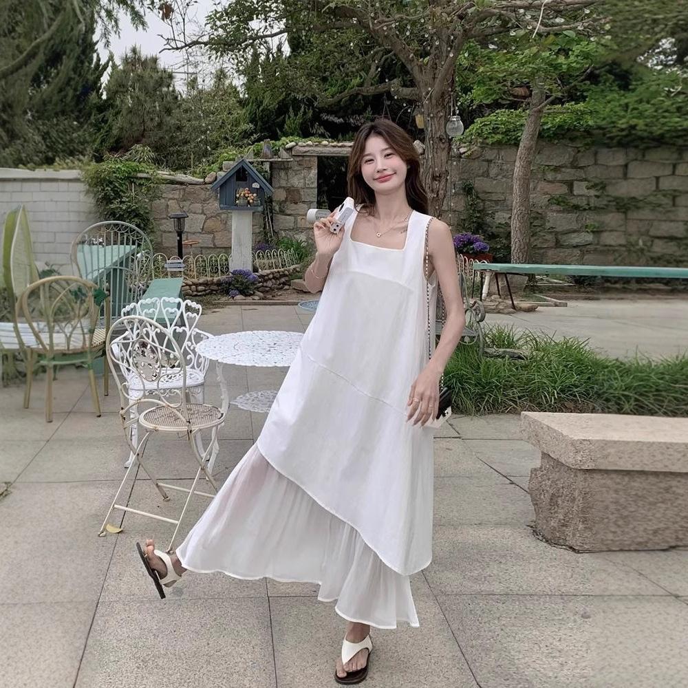 2026 new temperament beautiful vest long dress white irregular hem mesh splicing sleeveless dress women's summer