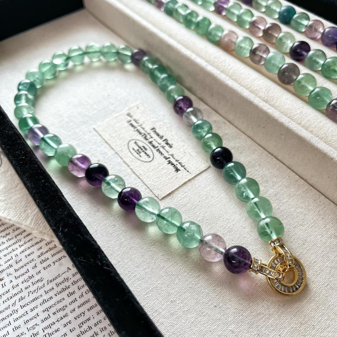 

Retro Chinese 10Mm Natural Transparent Colorful Fluorite Necklace Women S Beaded Collarbone Chain Niche Atmosphere