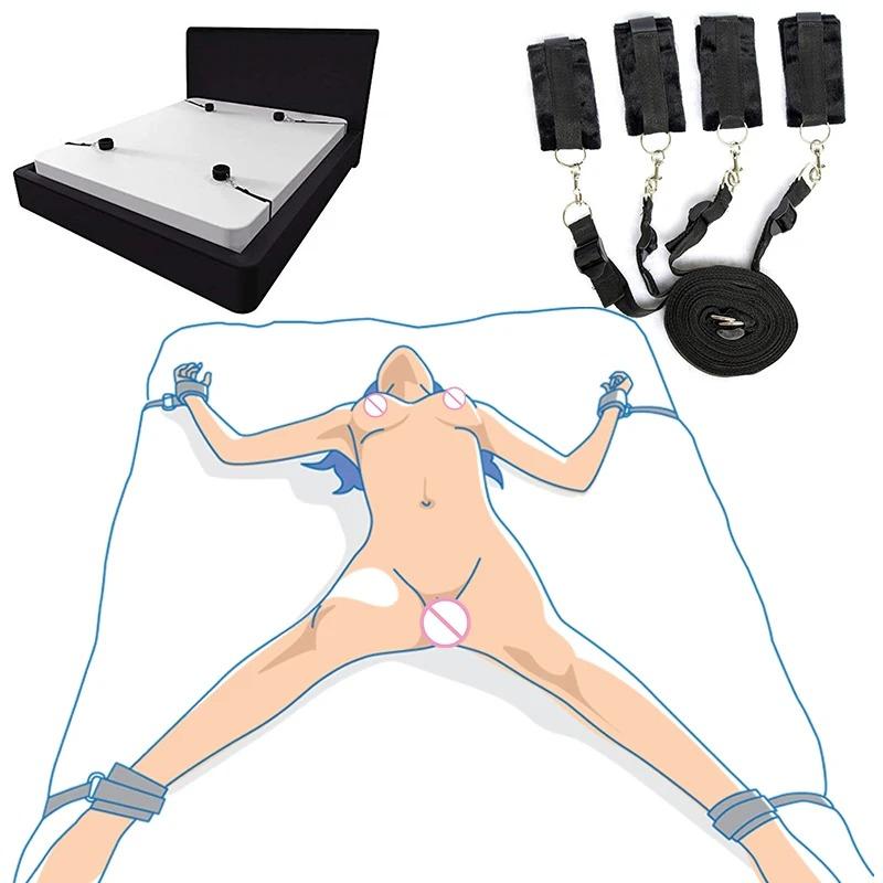 Bondage Restraint Set pro páry – Nastavitelná pouta na ruce a kotníky s popruhy na postel, Měkká SM pouta pro erotické hry pro dospělé