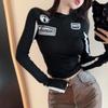 And Cool Spicy Girl Black and White Color-Blocking Unique Letter Print T-Shirt for Women, Slim Fit, Stylish, Versatile Long-Sleeve Top for Autumn