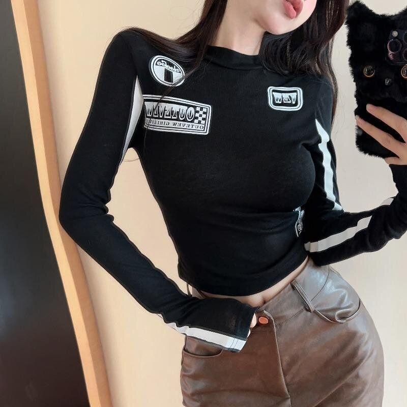 And Cool Spicy Girl Black and White Color-Blocking Unique Letter Print T-Shirt for Women, Slim Fit, Stylish, Versatile Long-Sleeve Top for Autumn