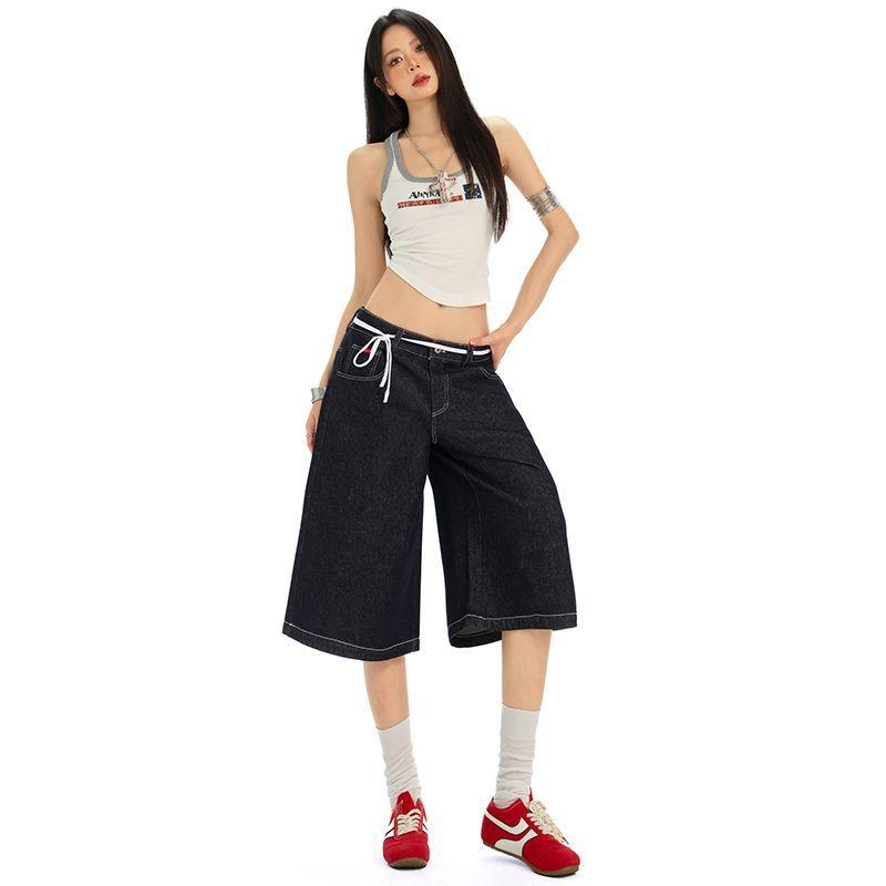 Trendy Dark Blue High Waist Loose Wide Leg Straight Cropped Capri Denim Pants For Women Versatile Slimming FigureFlattering Casual Capri Trousers