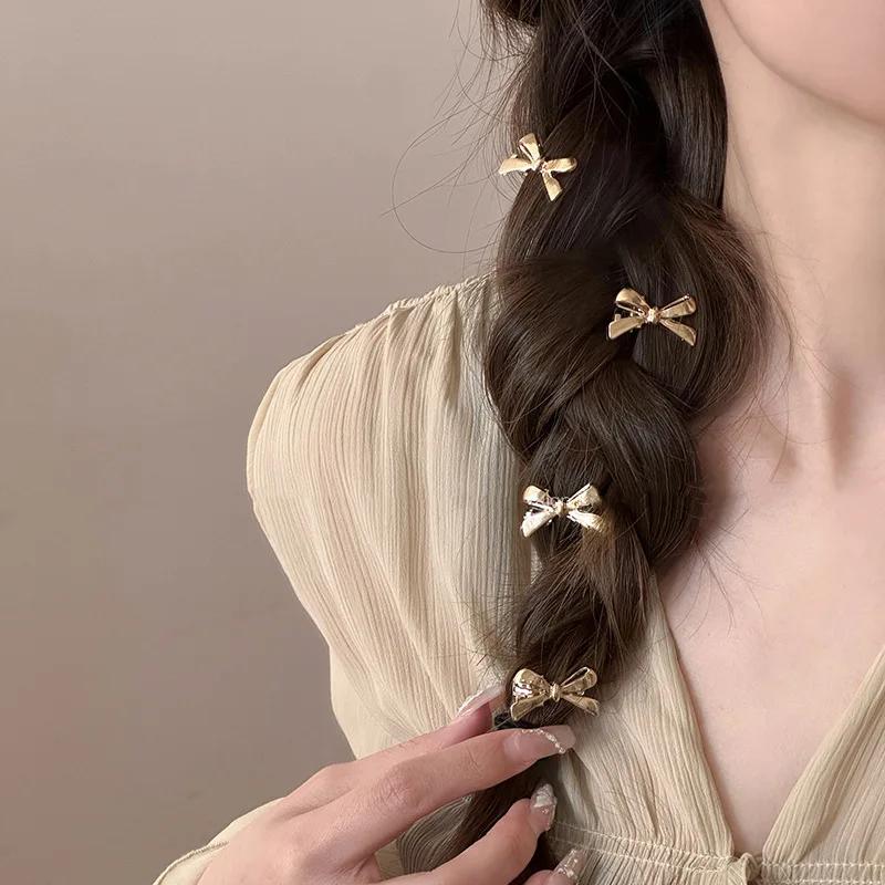 Sweet and Cool Girl Bangs Hairpins and Hair Accessories 4Pcs Set of Women New Golden Bow Mini Hairpins