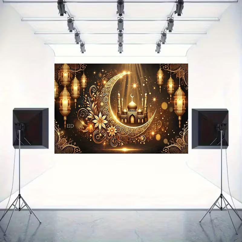 2D Flat Print Eid Mubarak Backdrop Golden Crescent Moon & Mosque Photography Background