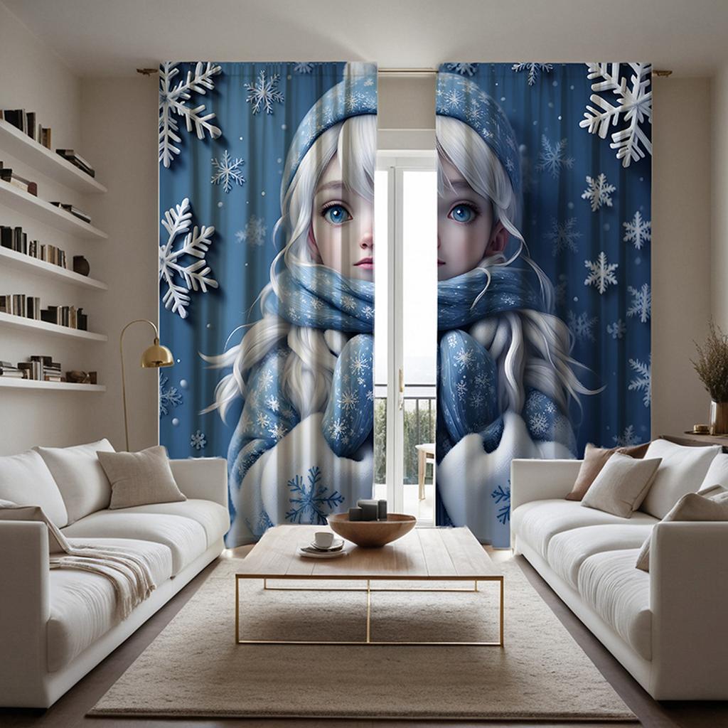 2 szt. HD Dekoracyjna zasłona Frozen Girl Niebieskie wiązanie zasłona z nadrukiem cyfrowym Dekoracja w stylu Dekoracja salon sypialnia