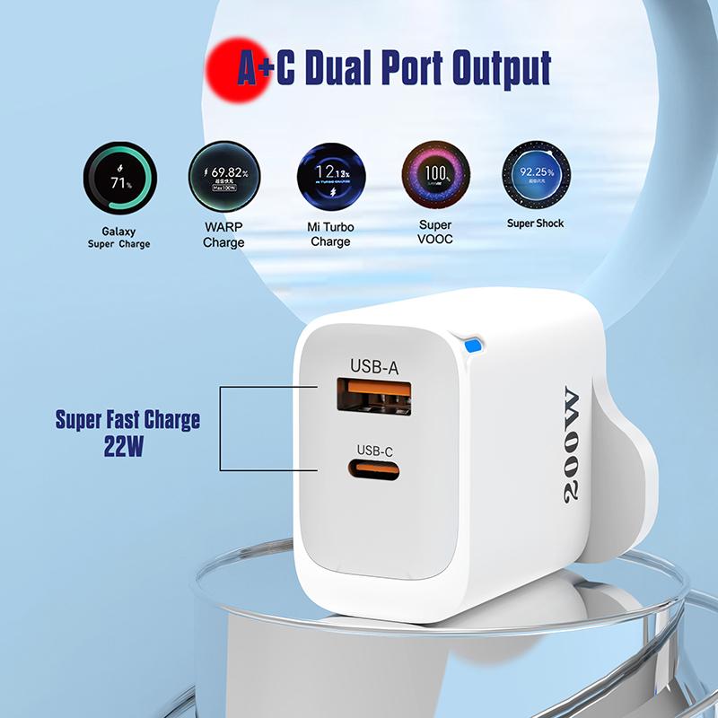 200W Usb Type-C Phone Charger With Indicator Light Usb-C Fast Charging Power Adapter For Iphone For Samsung Huawei Xiaomi