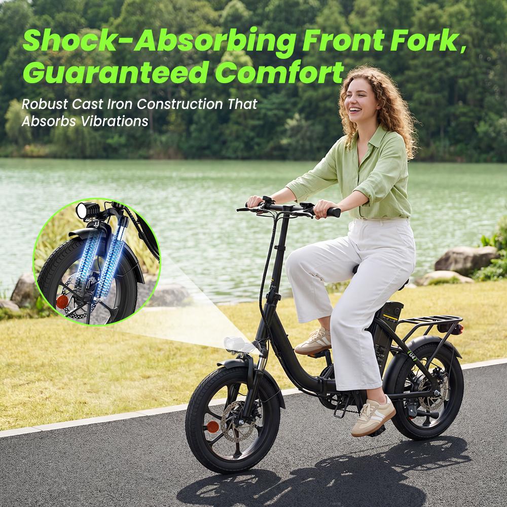 U4 Electric Bike 10.4Ah Battery 25KM/H Max Speed Front Suspension Disc Brake 3-Speed Modes 55+ Miles Range Compact Electric Bicycle with 16'' Tires
