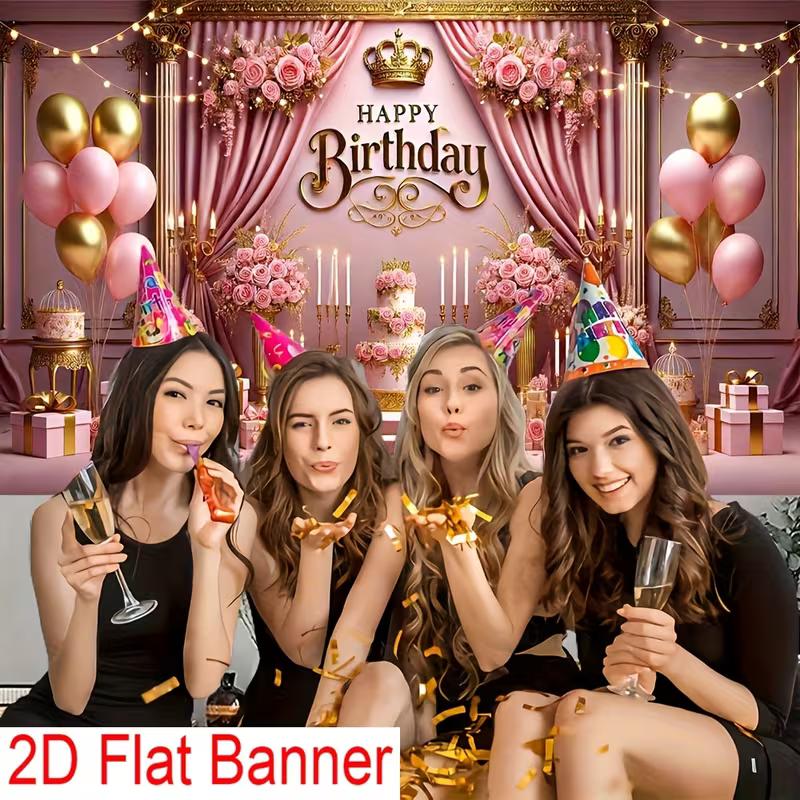 2D Flat Banner Birthday Backdrop Pink Gold Royal for Girls & Women Themed Party Photos