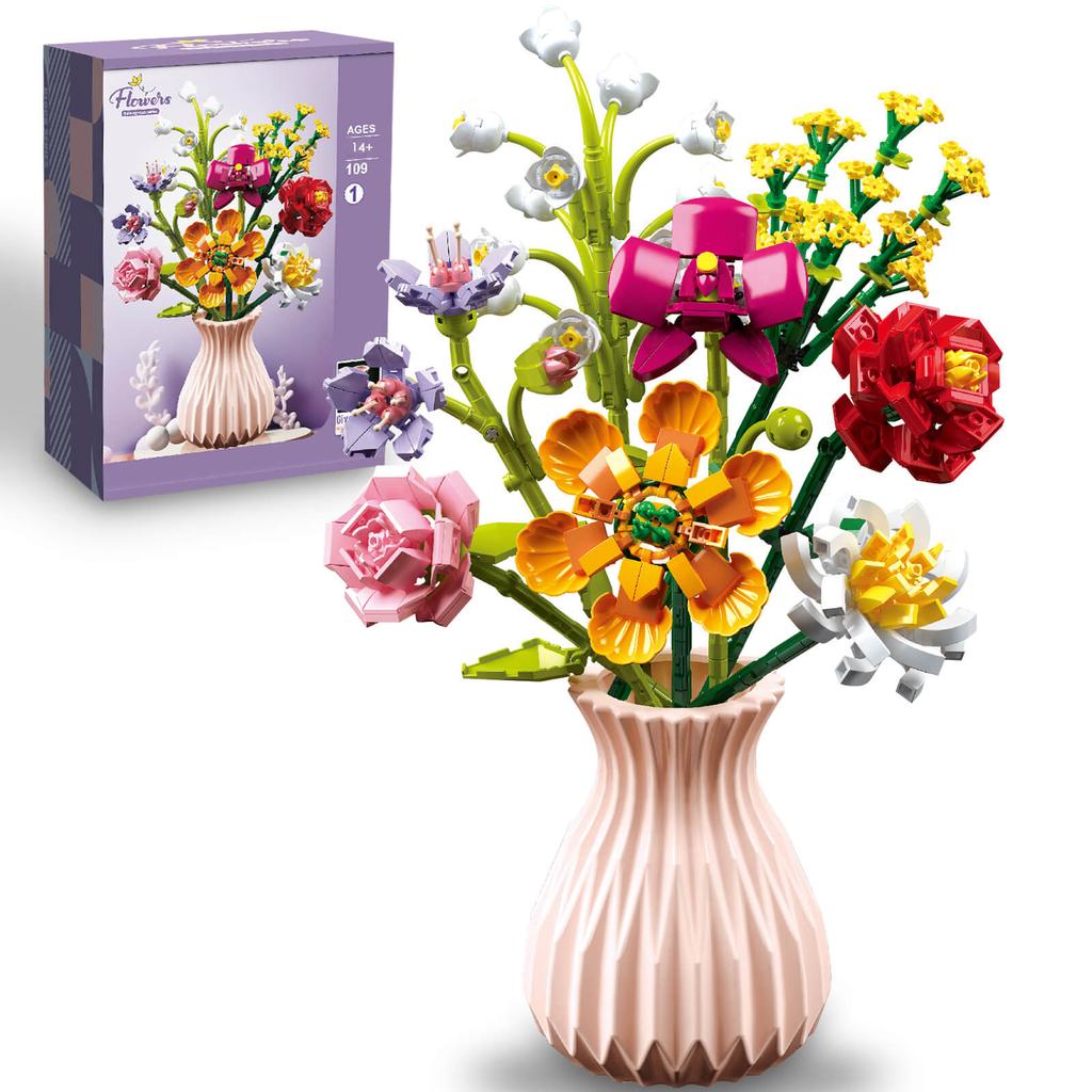 Netoxické 756 ks Kytice umělých květin Stavebnice s vázou DIY Plastové květiny Cihličky Dětské hračky Dětský dárek Domácí dekorace