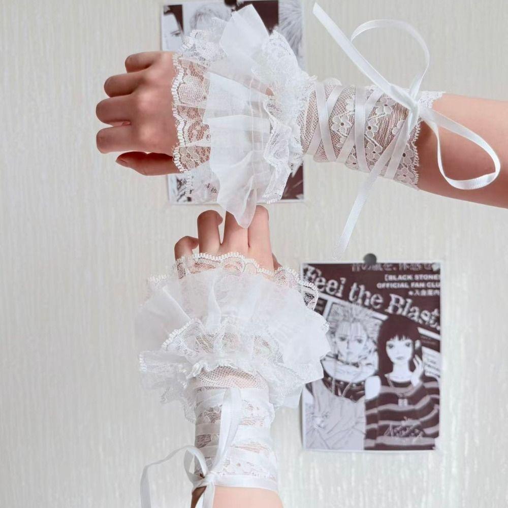 Ruffled Lace Lace Arm Sleeves Ribbon Tie Wrist Cuffs Y2K Fashion Fake Sleeves  Anime Costume