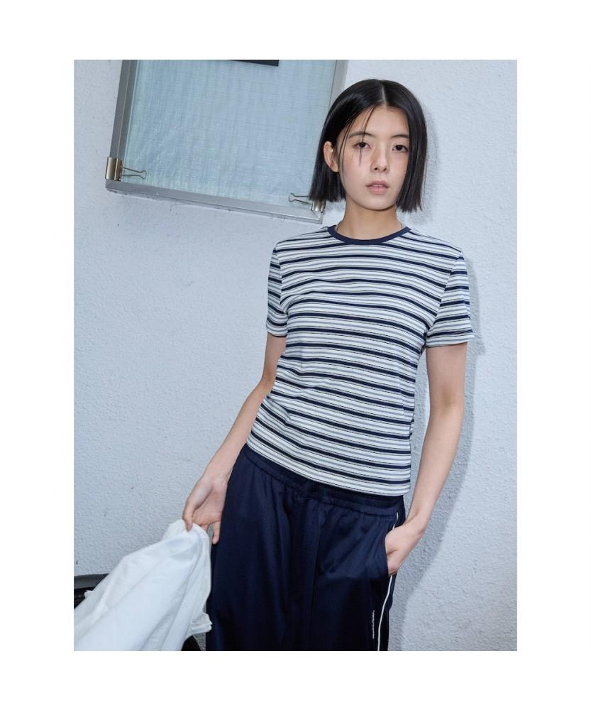 Saendeusaundeu (Women) Striped Short Sleeve T-Shirt Navy