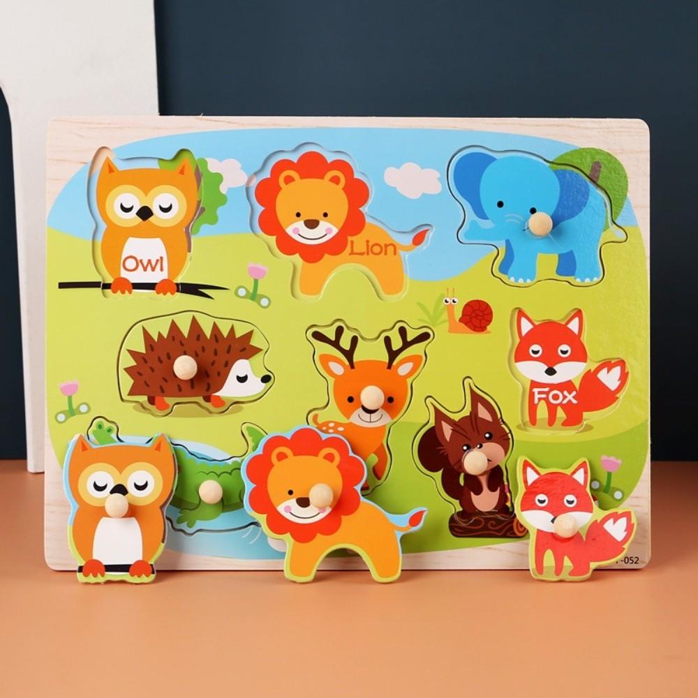 Cartoon Grasp Boards 3D Wooden Puzzle Animal Digit Grasp Boards Puzzle Sensory Play Alphabet Montessori Learning Children
