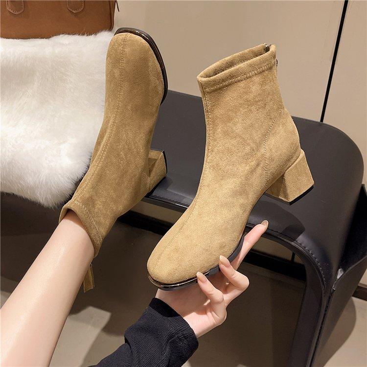 Thick-soled Martin boots women's 2025 autumn new thick heel square head velvet short boots Korean high-heeled thin small ankle boots