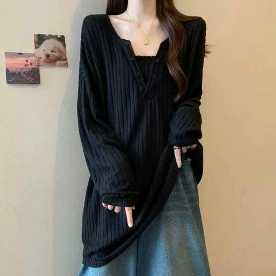 

Plus Size V-neck Long-Sleeve Autumn/Winter Women s Shirt (Sizes 2-300 Jin) XL for 150-190 jin чёрный