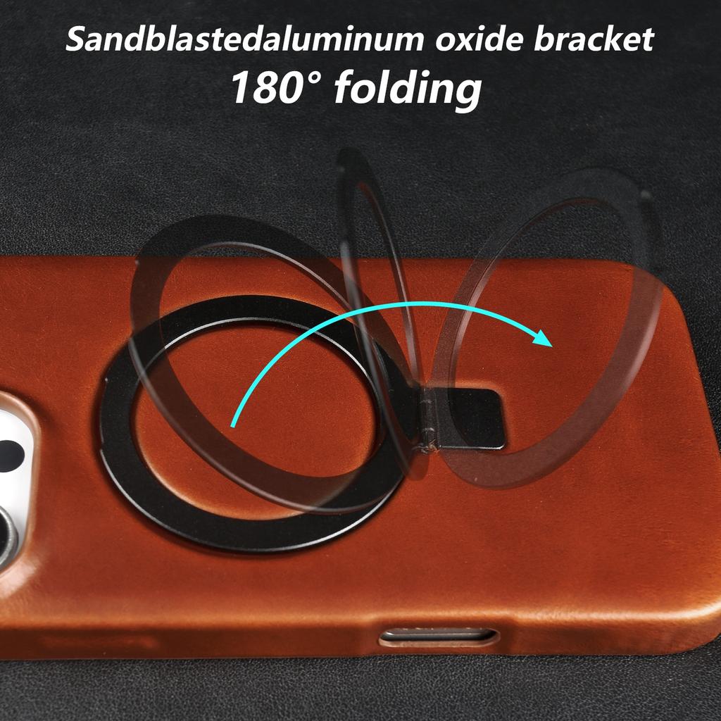 Stand Bracket Genuine Leather Case For iphone 16 Pro Max 16e 15pro 14 13 12 11 Full Wrapped Phone Cases Cover+Magnetic Holder