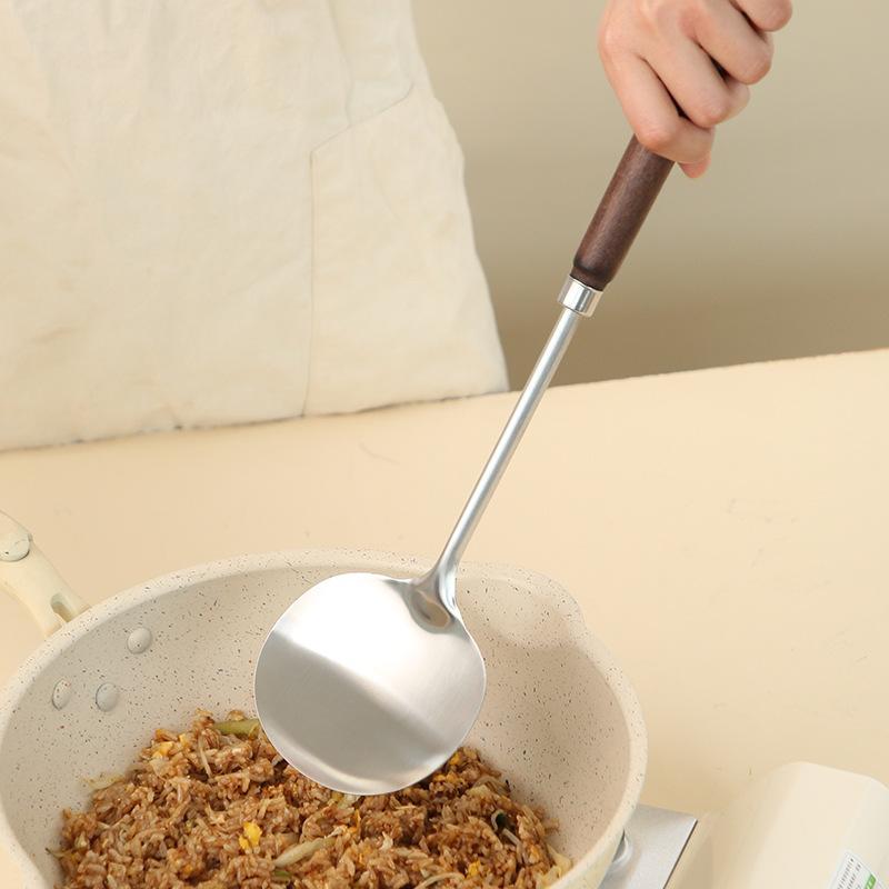 Stainless Steel Cooking Utensil Ergonomic Non-slip Wooden Handle Food Safe Cookware for Home Kitchen Student Dorm Use