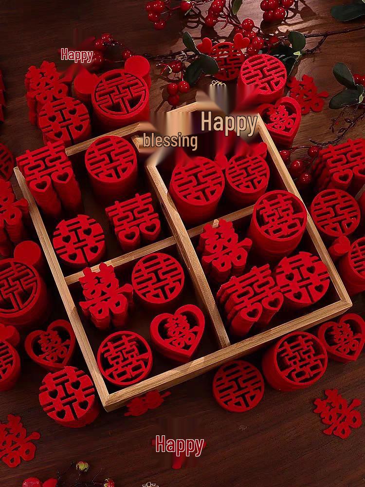 Set of Small Double Happiness Stickers for Wedding Decorations, Stairs, and Room Arrangement with Handkerchief Flowers