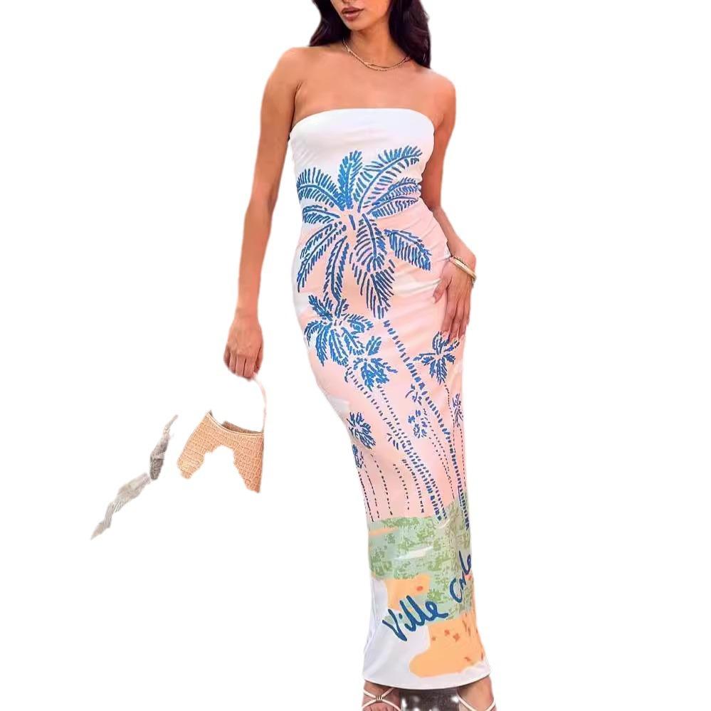European and American new women's clothing holiday style tube top off shoulder slim dress fashion printing split hip women's dress