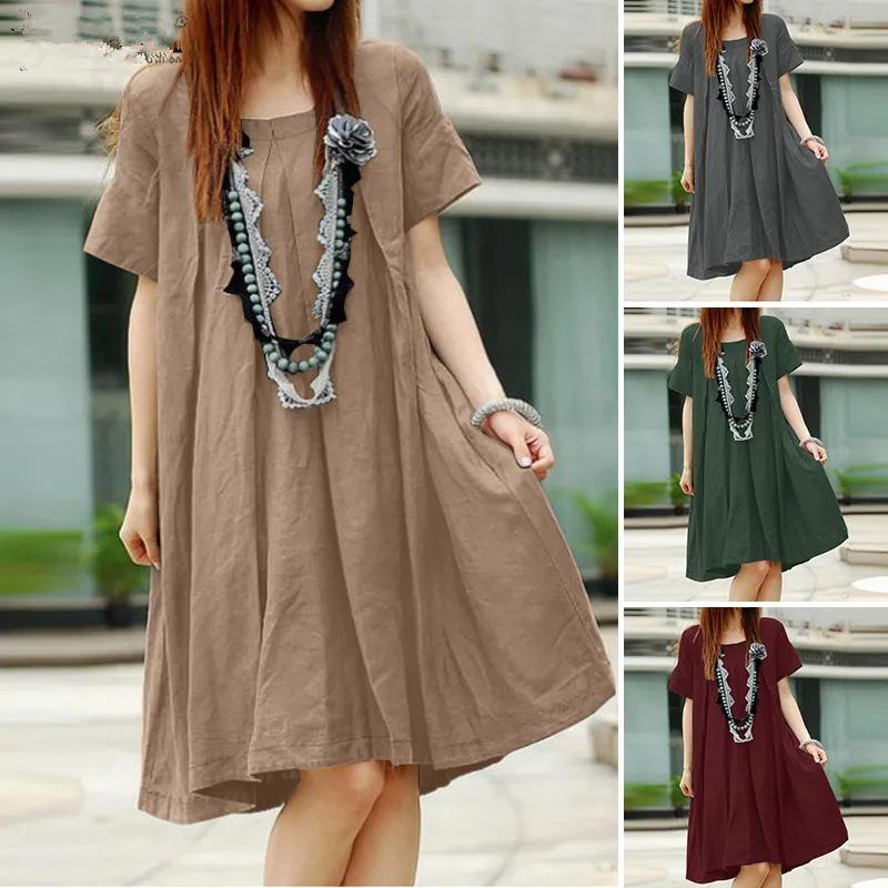 Women's Mid-length Dress Fashion Loose Pleated Round Neck Short-sleeved Dress